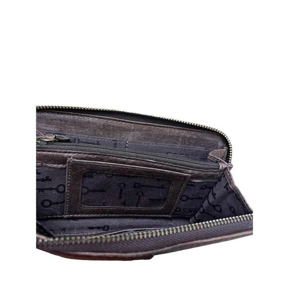 Vintage Fossil Brown Leather Organizer Clutch Wallet Clear ID Zipper Bronze - Picture 2 of 8